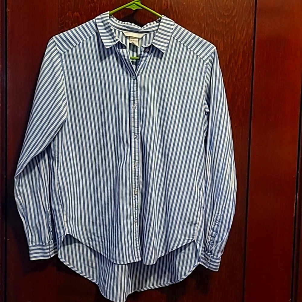 H&M Blue Striped Button Down Dress Shirt Size 2 Thin and Light 100% Cotton